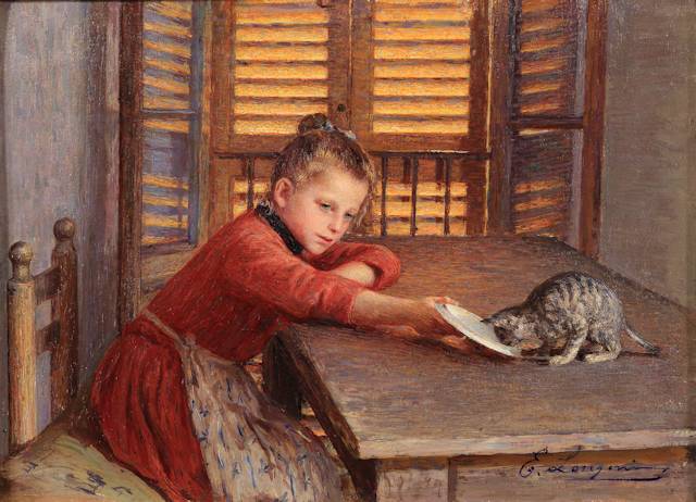 Longoni E. - Ragazzina col gatto, olio su tavola